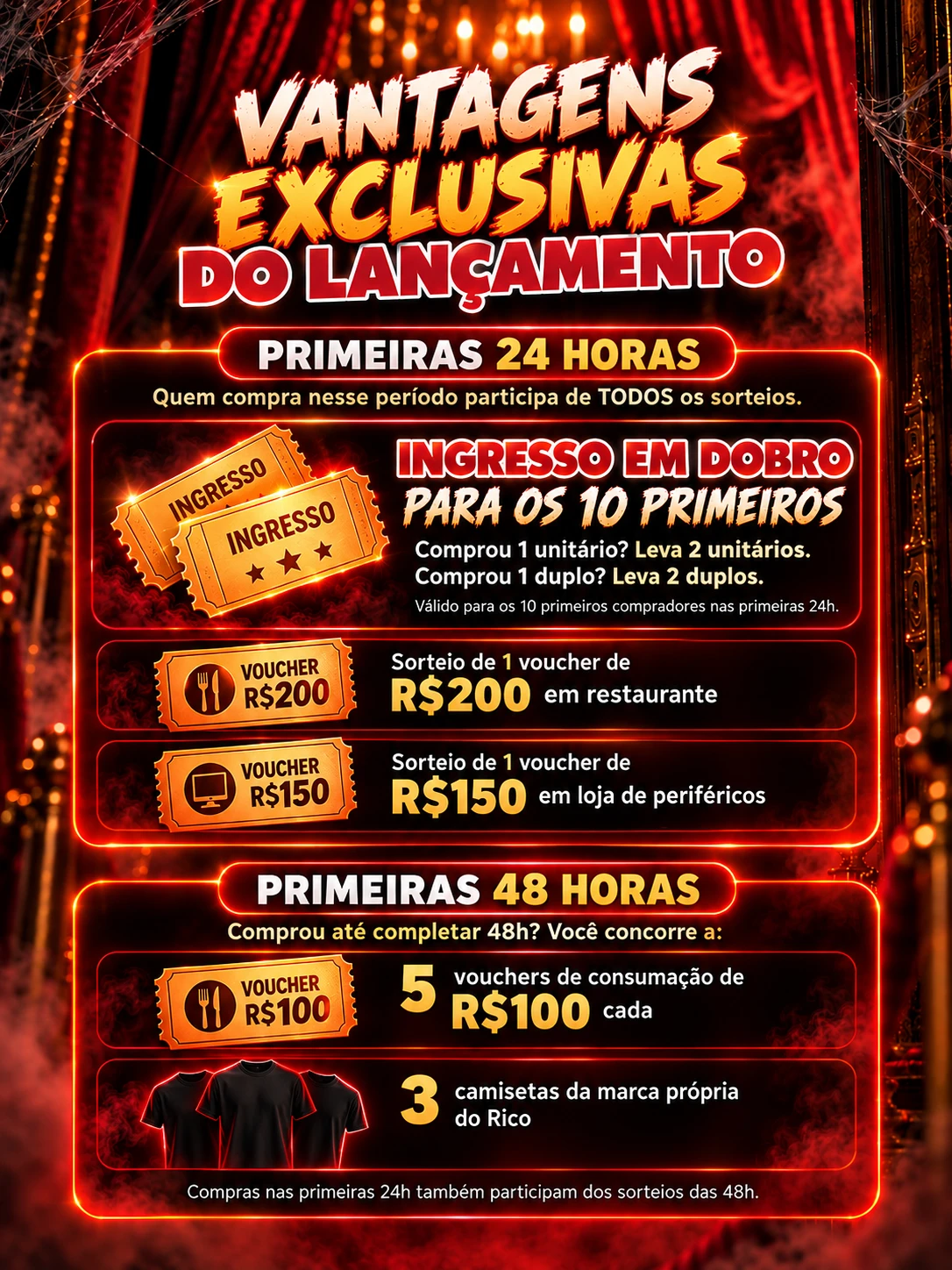 Vantagens exclusivas do lançamento. Primeiras 24 horas: quem compra participa de todos os sorteios; ingresso em dobro para os 10 primeiros (comprou 1 unitário, leva 2 unitários; comprou 1 duplo, leva 2 duplos); sorteio de 1 voucher de R$200 em restaurante e de 1 voucher de R$150 em loja de periféricos. Primeiras 48 horas: sorteio de 5 vouchers de consumação de R$100 cada e 3 camisetas da marca própria do Rico. Compras nas primeiras 24h também participam dos sorteios das 48h.
